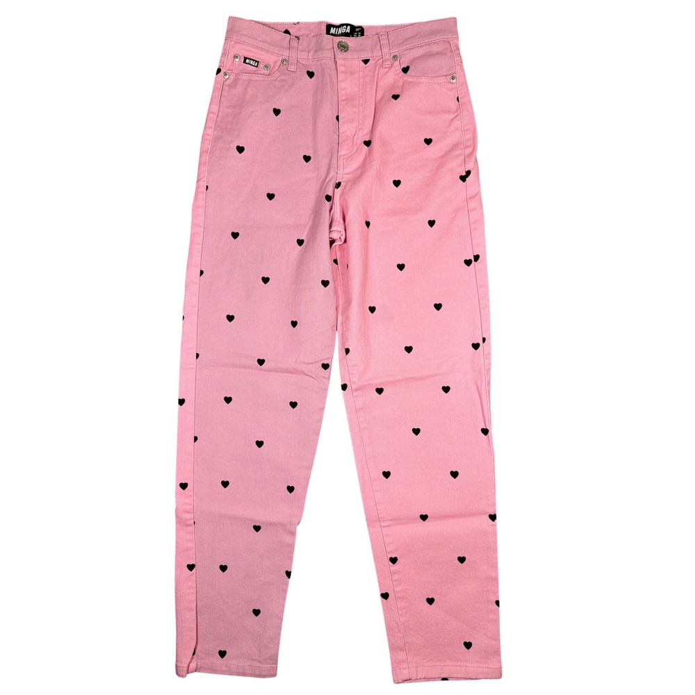 Minga London Pink Heart Print Straight Leg Jeans High Rise Women Size US 6 EU 38